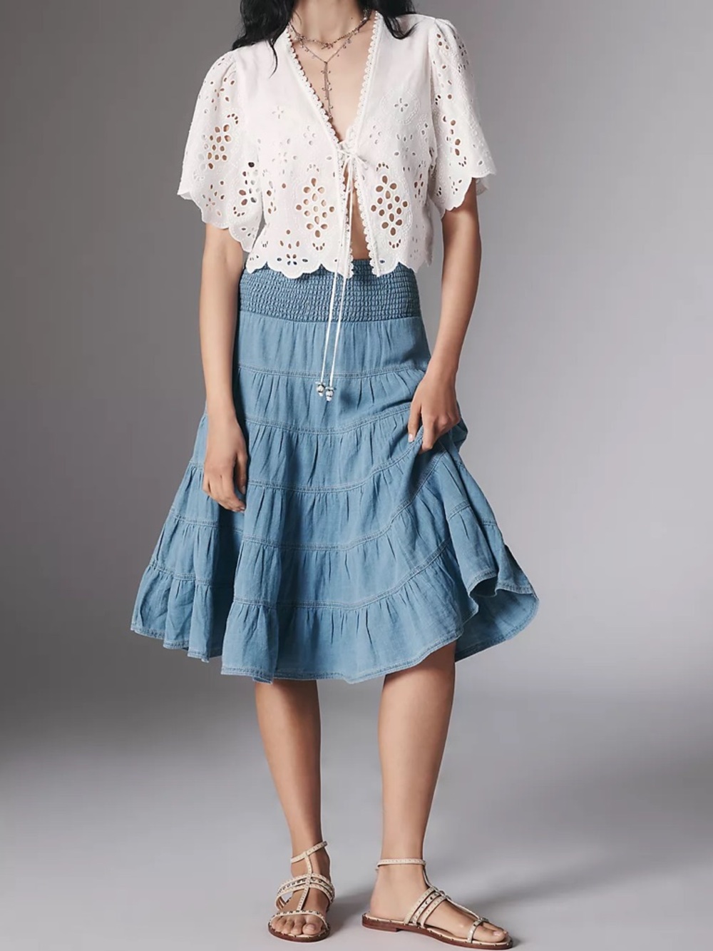 anthropologie pilcro the reese smocked light denim midi skirt medium flowy boho